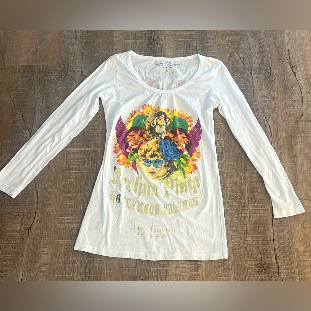 Christian Audigier White Long-Sleeve Graphic Tee with Multicolor Floral Portrait